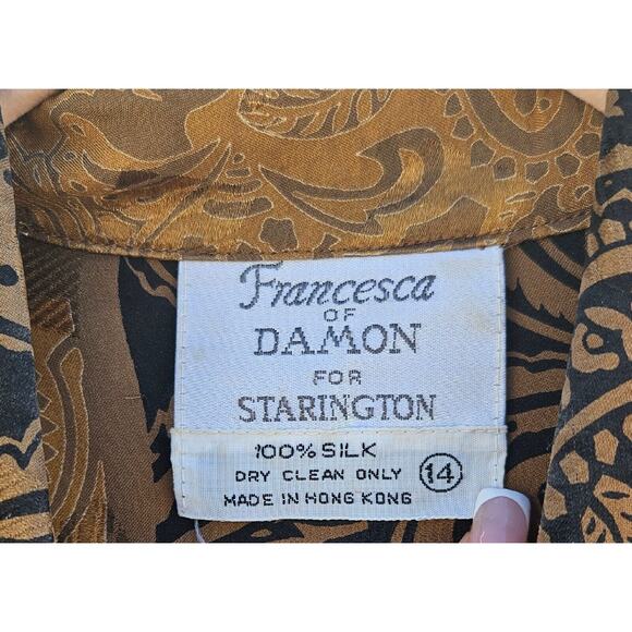 Vintage Francesca of Damon Dress Womens Size 14 Silk Gold Black Pleated Tie 80s - Picture 4 of 11